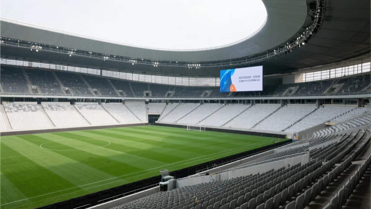 球场内部看台与草坪的广角视角，观众席分区清晰，现代化大屏与灯光系统